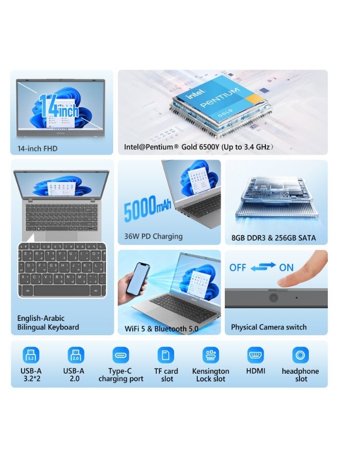 جي تاب لابتوب G-Tab GT14 بشاشة 14 بوصة FHD، معالج Intel Pentium Gold، ذاكرة RAM بسعة 8 جيجابايت، سعة تخزين 256 جيجابايت SSD، نظام Windows 11، لوحة مفاتيح إنجليزي وعربي، لون رمادي english_arabic None - Image 3